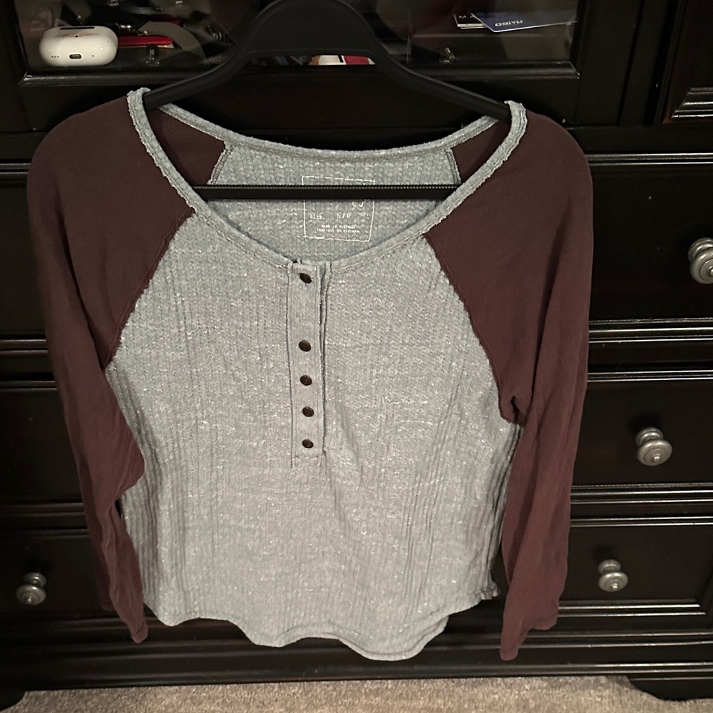 We The Free Gray and Brown Long Sleeve Tee